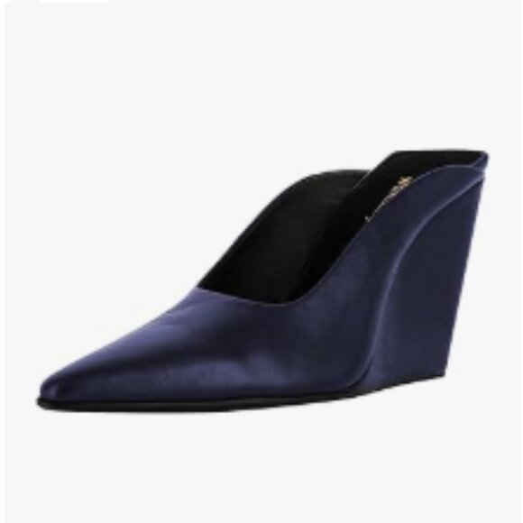 Wansseny Dark Blue Pointed Toe Wedge High Heel Mules Slip On Ladies Dressy Shoe - Picture 1 of 8